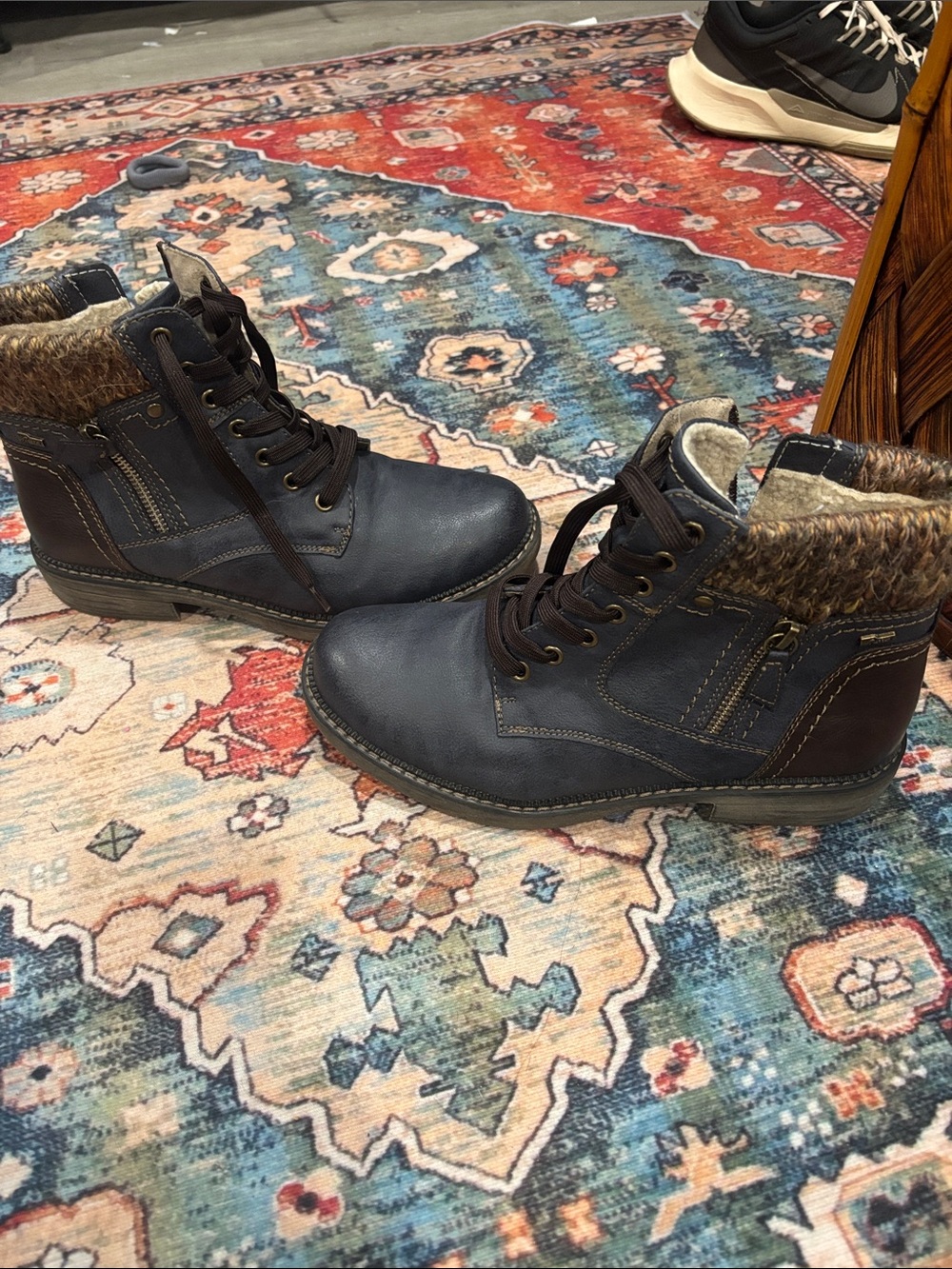 Women’s Reikers Navy Blue Lace-Up Winter Boots with Faux-Fur Collar